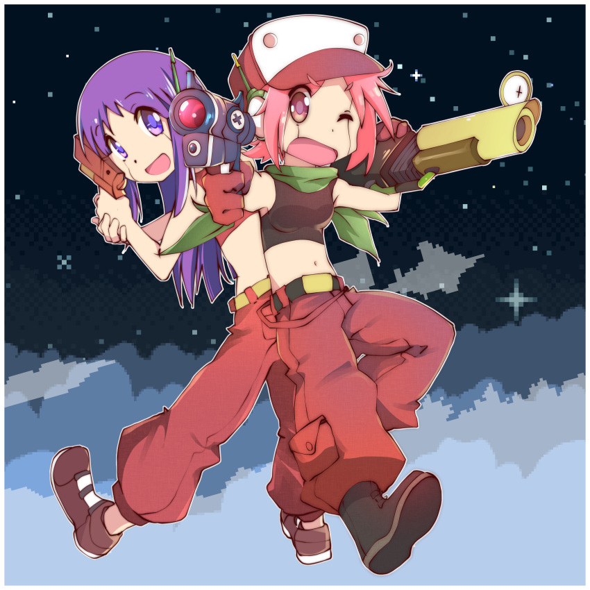 2girls absurdres cosplay crop_top curly_brace curly_brace_(cosplay) doukutsu_monogatari eyebrows_visible_through_hair full_body gloves green_scarf gun hat highres hinata_yukari holding holding_gun holding_weapon humanoid_robot long_hair looking_at_viewer majormilk multicolored_clothes multicolored_headwear multiple_girls navel open_mouth pants pink_eyes pink_hair purple_hair quote_(doukutsu_monogatari) quote_(doukutsu_monogatari)_(cosplay) red_gloves red_headwear red_pants scarf short_hair sleeveless smile violet_eyes weapon white_headwear yuyushiki