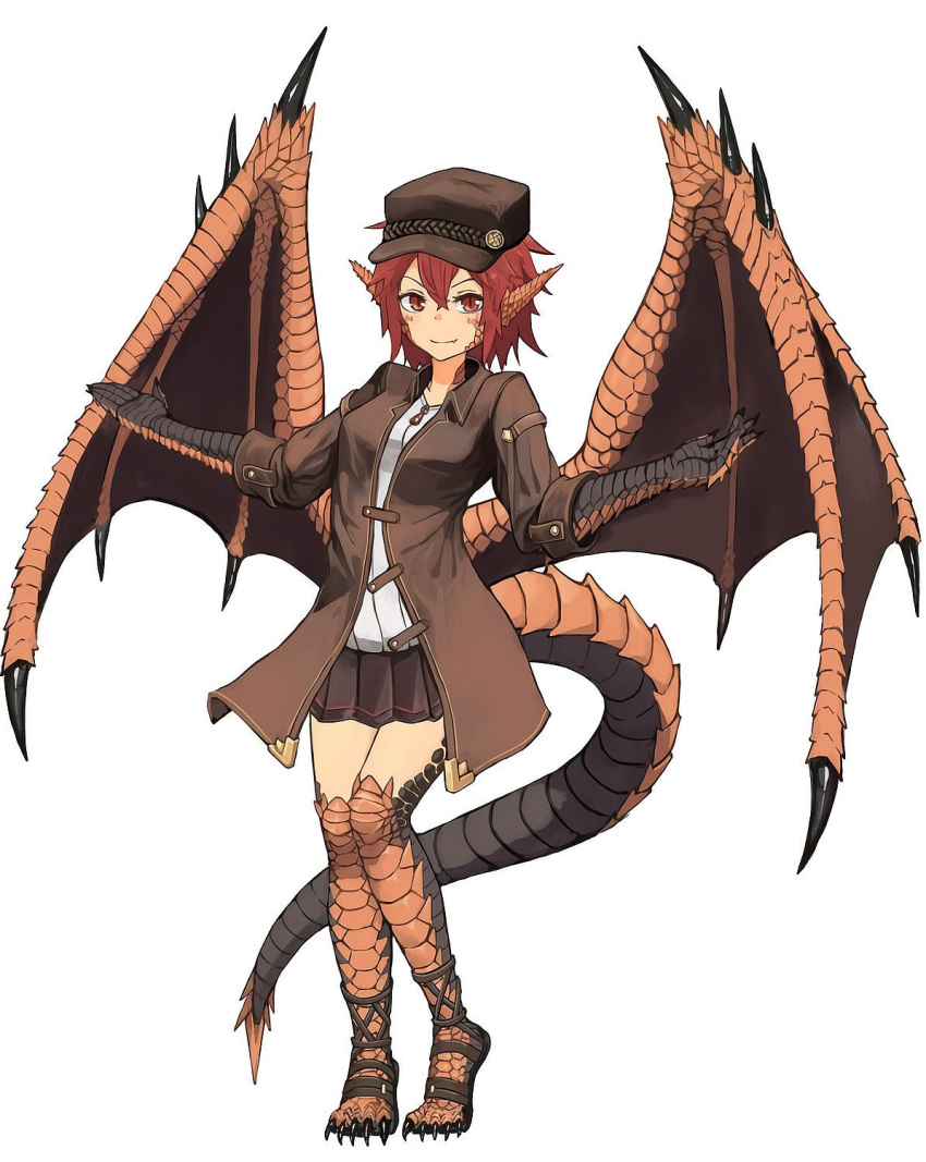 1girl black_footwear black_headwear brown_coat claws closed_mouth coat dragon_girl dragon_horns dragon_tail dragon_wings fang gladiator_sandals hair_between_eyes hat highres hitokuirou horns looking_at_viewer original partially_unbuttoned red_eyes redhead sandals scales shirt short_hair skin_fang sleeves_rolled_up slit_pupils smile solo solo_vivace_(hitokuirou) standing tail v-shaped_eyebrows white_background white_shirt wings zipper