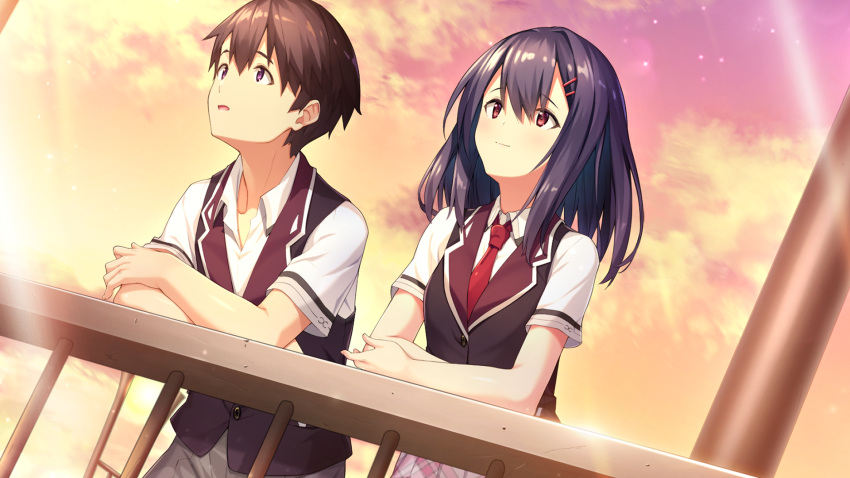 1boy 1girl bangs black_hair black_vest brown_hair closed_mouth collarbone collared_shirt couple dress_shirt dusk dutch_angle eyebrows_visible_through_hair game_cg grey_pants hair_between_eyes hair_ornament hairclip hibikino-san-chi_wa_eroge-ya-san! hibikino_yui highres kurama_ren leaning_forward long_hair looking_up necktie outdoors pants plaid plaid_skirt pleated_skirt red_eyes red_necktie rooftop sawayaka_samehada school_uniform shiny shiny_hair shirt short_hair short_sleeves skirt smile vest violet_eyes white_shirt wing_collar