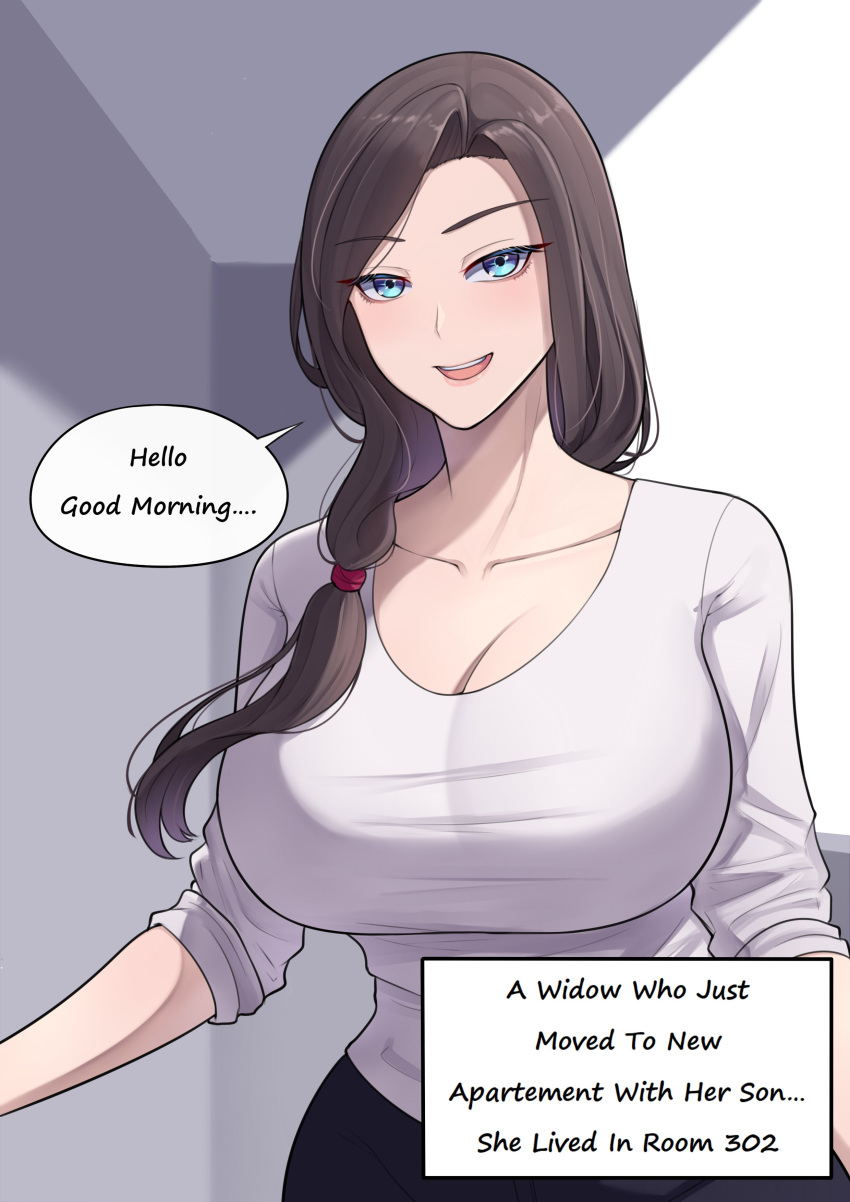 1girl absurdres band-width blue_eyes breasts brown_hair collarbone english_text eyebrows_visible_through_hair hair_tie highres large_breasts long_hair open_mouth original shirt side_ponytail sleeves_rolled_up smile solo speech_bubble white_shirt