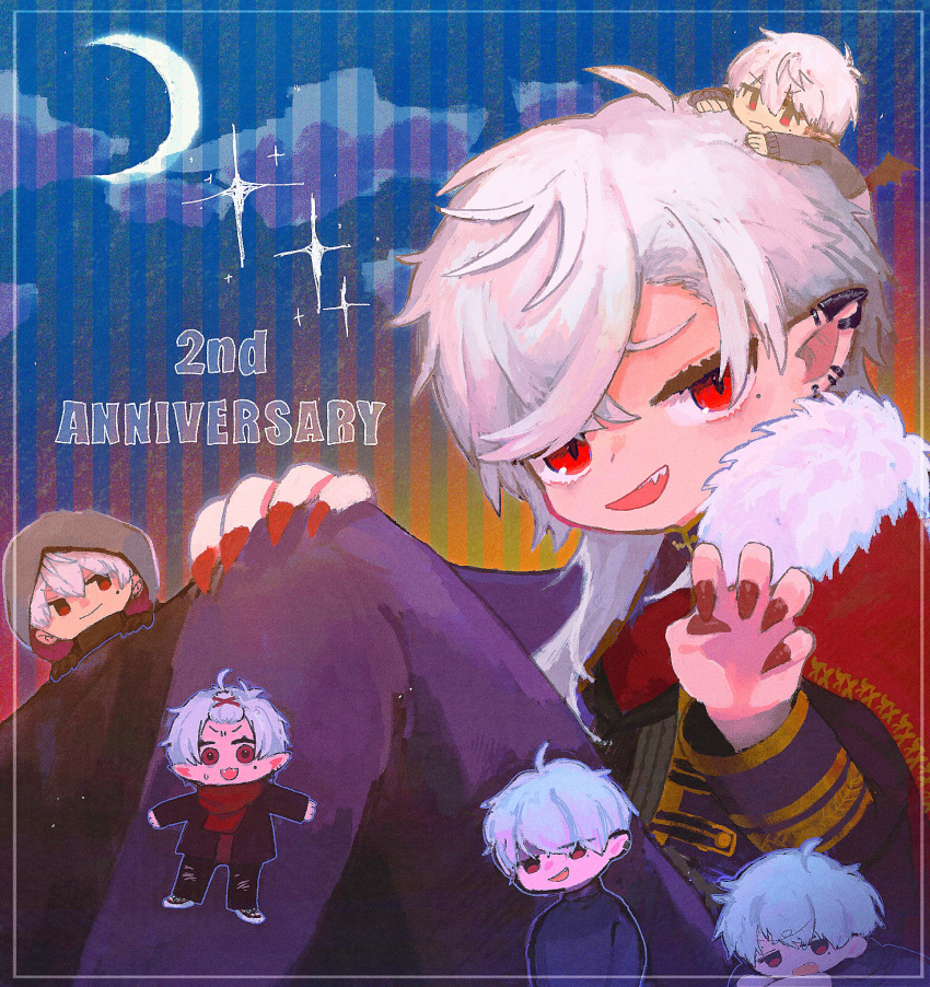 6+boys :d bangs black_gloves black_pants black_sweater cape chibi clouds crescent_moon ear_piercing earrings fingernails fur-trimmed_cape fur_trim gloves highres hood hood_up jewelry kiduta_cielo kuzuha_(nijisanji) long_fingernails mole mole_under_eye moon multiple_boys multiple_persona nail_polish nijisanji pants piercing pointy_ears red_cape red_eyes red_nails sharp_fingernails sharp_teeth shoes smile sparkle stud_earrings sweater teeth torn_clothes torn_pants virtual_youtuber white_footwear white_hair