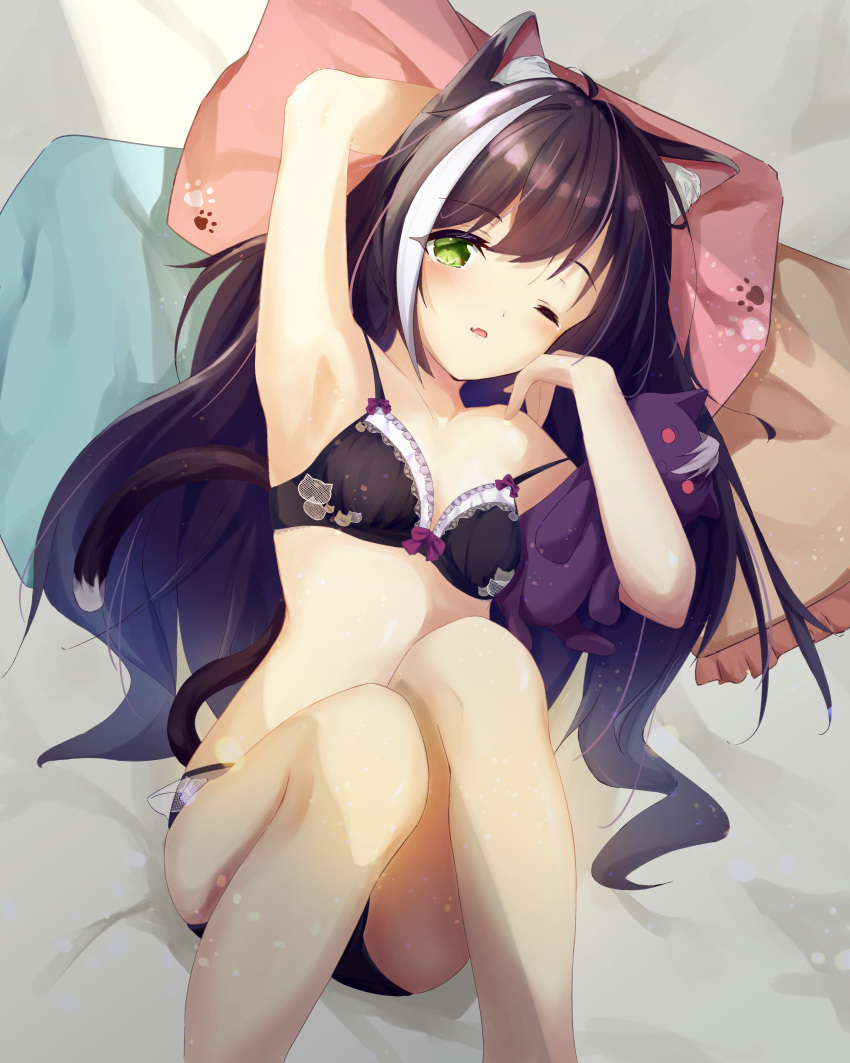 1girl absurdres arm_behind_head arm_up armpits bangs bed_sheet black_bra black_hair black_panties bra breasts collarbone eyebrows_visible_through_hair green_eyes highres karyl_(princess_connect!) long_hair looking_at_viewer lying multicolored_hair off_shoulder on_back one_eye_closed open_mouth ortho_kaeritai panties pillow princess_connect! shiny shiny_hair small_breasts solo strap_slip streaked_hair underwear underwear_only very_long_hair