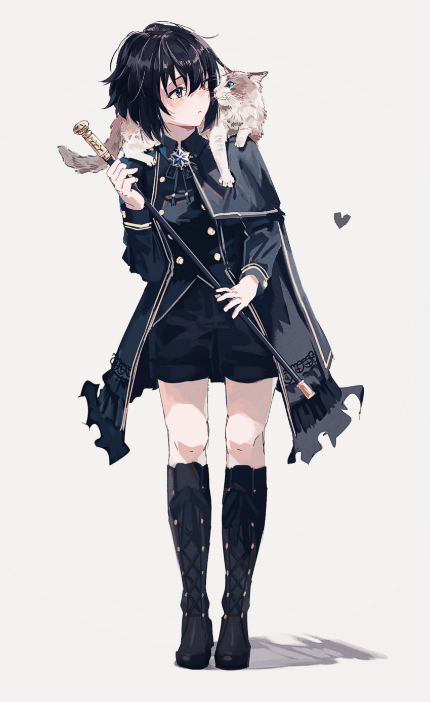 1girl :&lt; absurdres animal_on_shoulder black_coat black_footwear black_hair black_shorts boots brooch cane cat cat_on_shoulder closed_mouth coat commentary full_body grey_background grey_eyes hajikkoneko hand_up heart heterochromia highres holding holding_cane jewelry knee_boots long_sleeves looking_at_animal original red_eyes shadow short_hair shorts simple_background standing symbol-only_commentary