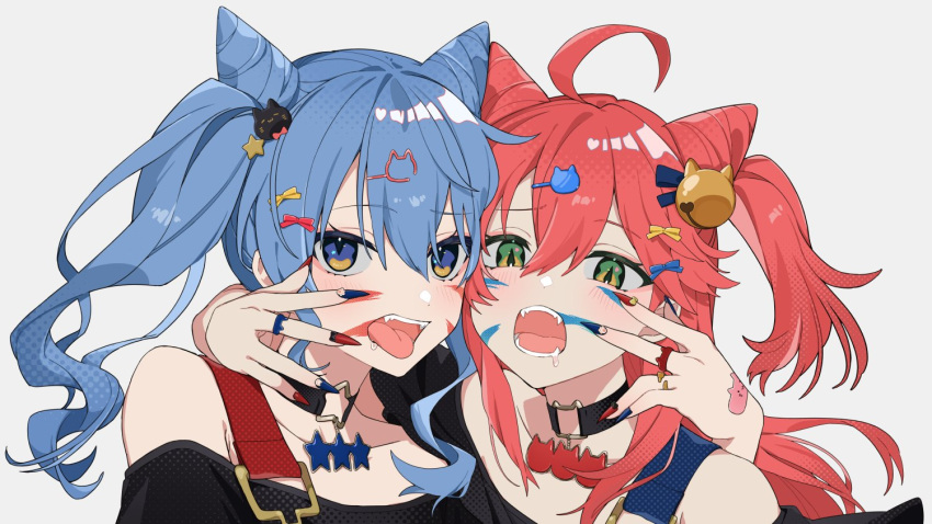 2girls ahoge alternate_costume alternate_hairstyle animal_(vocaloid) bare_shoulders bell blue_eyes blue_hair blush collarbone drooling facepaint fingernails green_eyes hair_bell hair_ornament hairclip hololive hoshimachi_suisei long_fingernails looking_at_viewer multicolored_nails multiple_girls nail_polish open_mouth pink_hair sakura_miko tongue tongue_out virtual_youtuber zumi_tiri