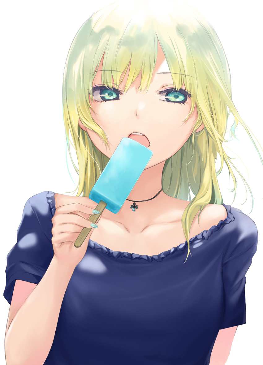 1girl blonde_hair blue_nails blue_shirt coffee-kizoku eating eyebrows_visible_through_hair food green_eyes highres ice_cream jewelry long_hair mele_retanagua nail_polish necklace open_mouth original shirt simple_background solo upper_body white_background