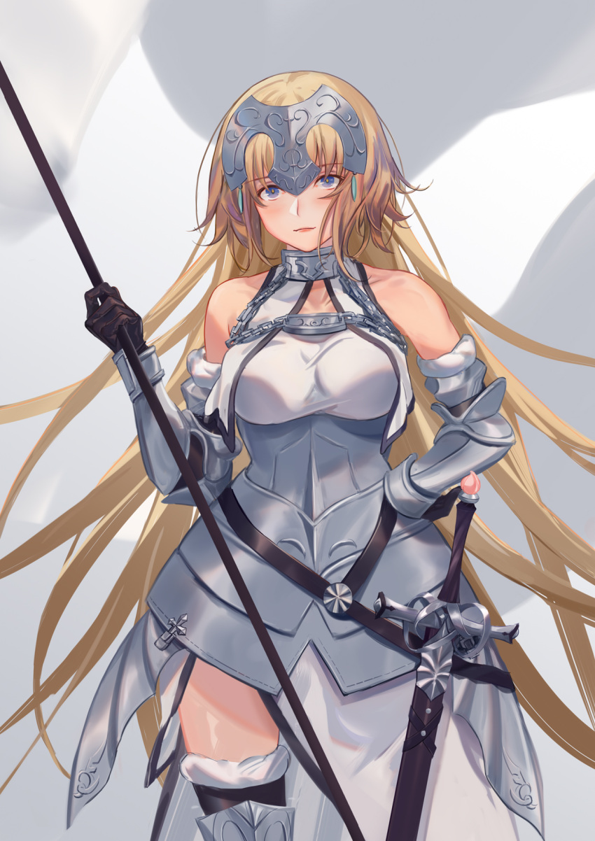 1girl armor armored_dress asagami_(hnt16303310) bare_shoulders black_gloves blonde_hair blue_eyes blush chain closed_mouth commentary detached_sleeves dress eyebrows_visible_through_hair fate/apocrypha fate/grand_order fate_(series) flag gauntlets gloves hand_on_hip headpiece highres holding holding_flag jeanne_d'arc_(fate) jeanne_d'arc_(fate/apocrypha) lips long_hair looking_at_viewer pink_lips polearm sheath sheathed smile solo sword very_long_hair weapon white_dress white_flag