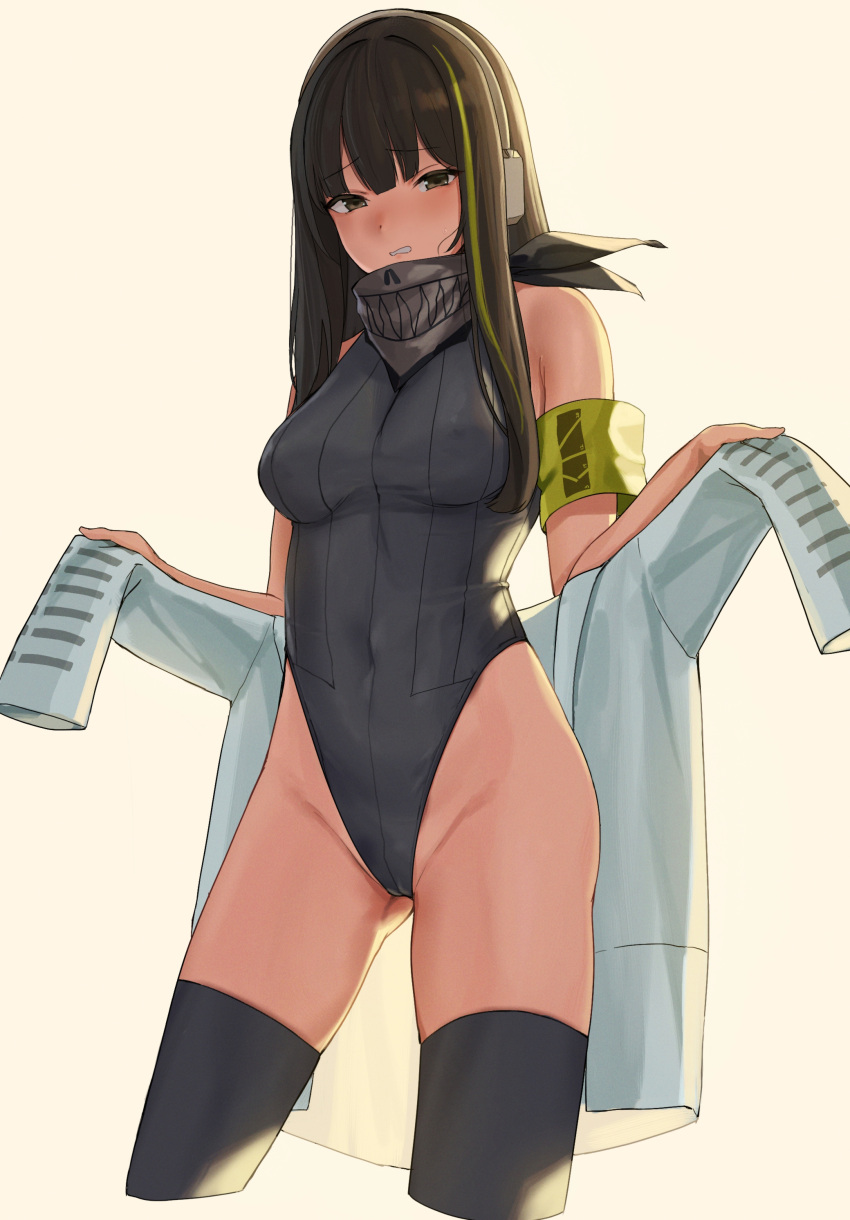 1girl absurdres armband ass_visible_through_thighs bandana bangs bare_shoulders black_legwear black_leotard blunt_bangs blush breasts brown_eyes brown_hair covered_navel cropped_legs eyebrows_visible_through_hair girls_frontline green_hair groin highleg highleg_leotard highres holding holding_clothes holding_shirt kuro_(zhurunbo1997) leotard long_hair looking_at_viewer m4a1_(girls'_frontline) medium_breasts multicolored_hair parted_lips shirt shirt_removed simple_background sleeveless solo streaked_hair thigh-highs thighs two-tone_hair undressing white_shirt yellow_background