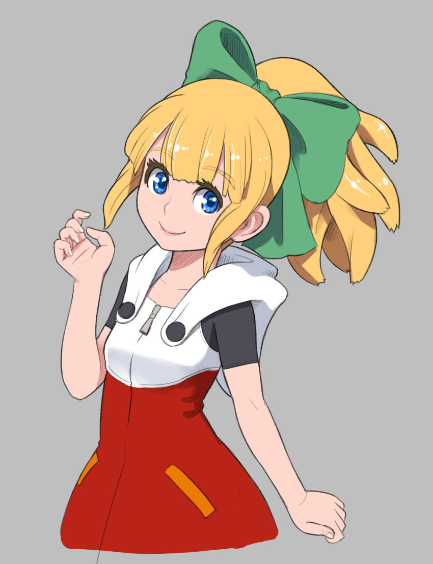 1girl absurdres blonde_hair blue_eyes bow closed_mouth dress green_bow hair_bow highres long_hair looking_at_viewer maruta_kentarou mega_man_(classic) mega_man_(series) mega_man_11 ponytail roll_(mega_man) simple_background smile solo