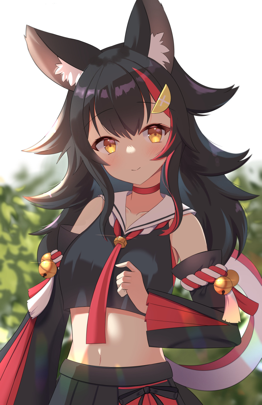 1girl animal_ear_fluff animal_ears bangs bell black_hair black_skirt blurry blurry_background choker closed_mouth collarbone commentary cowboy_shot crop_top day detached_sleeves eyebrows_visible_through_hair hair_between_eyes hands_up highres hololive kawaiipony2 light_blush long_hair looking_at_viewer midriff multicolored_hair navel ookami_mio open_collar outdoors pleated_skirt red_choker redhead sailor_collar sidelocks skirt sleeveless smile solo standing streaked_hair sunlight tree yellow_eyes