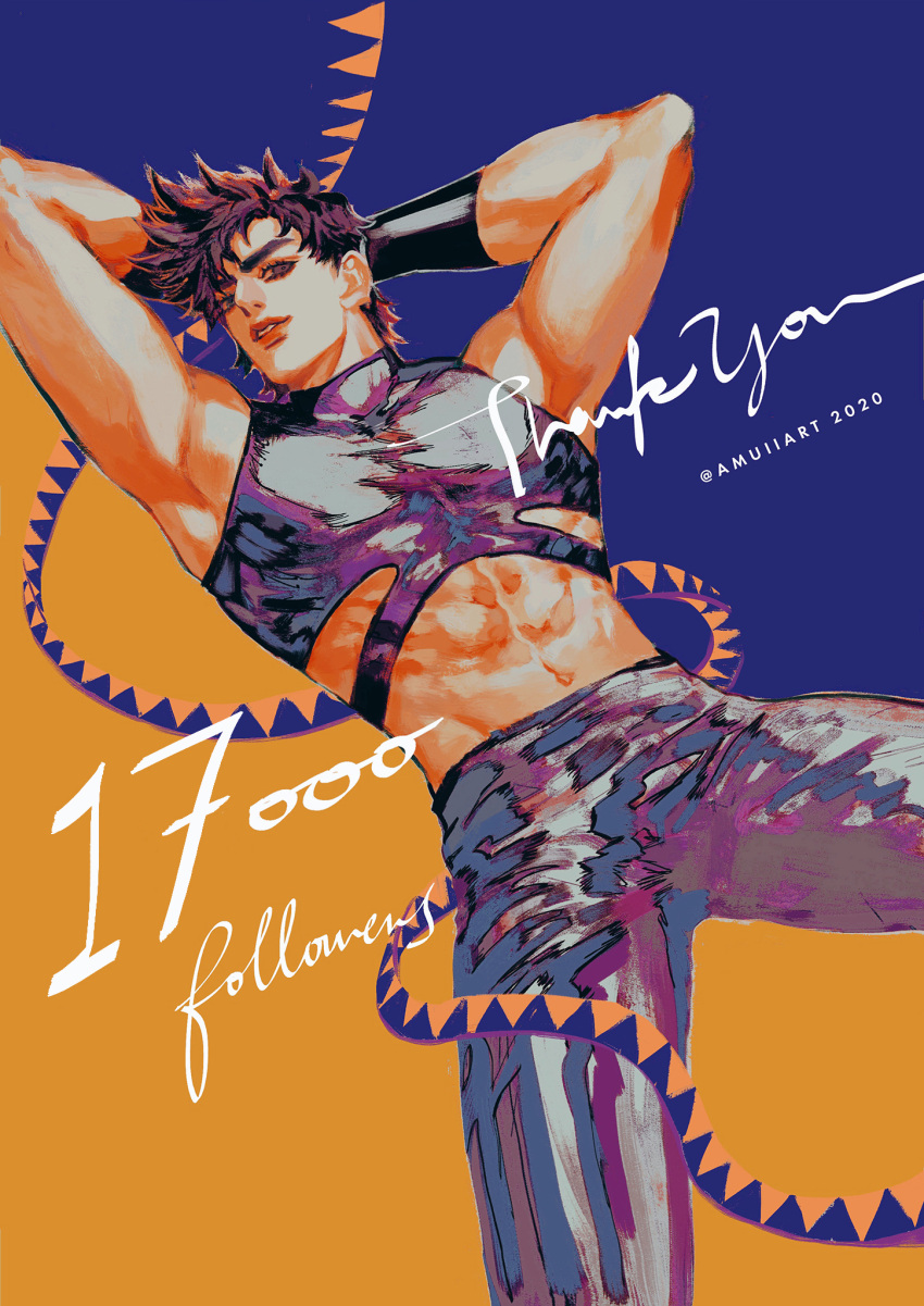 1boy abs amuii arms_behind_head battle_tendency black_hair crop_top fingerless_gloves gloves highres jojo_no_kimyou_na_bouken joseph_joestar joseph_joestar_(young) leather leather_pants male_focus midriff milestone_celebration pants sleeveless sleeveless_turtleneck solo thank_you turtleneck