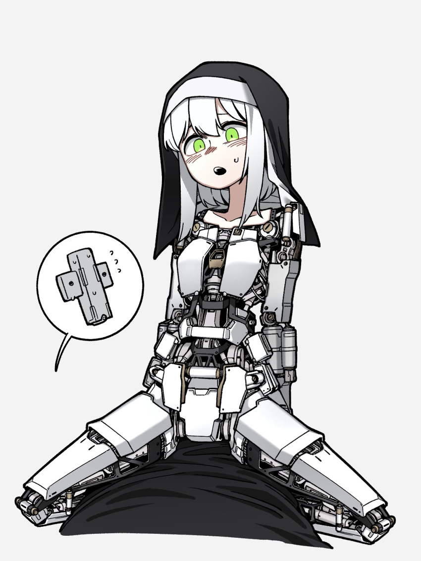 1girl :o android bangs english_commentary green_eyes grey_background habit highres humanoid_robot looking_ahead mechanical_parts medium_hair nun open_mouth original science_fiction solo squatting waffle_drink white_hair