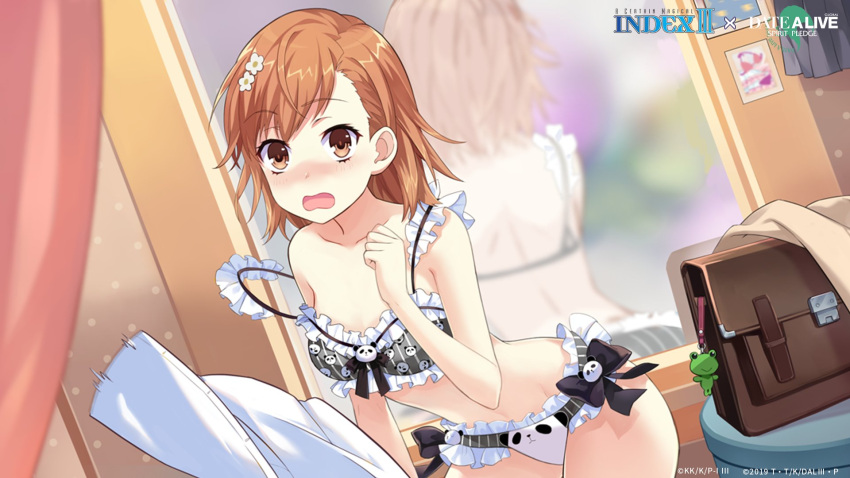 1girl animal_print backpack bag bear_print black_bow bow brown_eyes brown_hair date_a_live:_spirit_pledge eyebrows_visible_through_hair flower hair_flower hair_ornament highres indoors looking_at_viewer medium_hair mirror misaka_mikoto official_art open_mouth panda_print solo toaru_majutsu_no_index underwear underwear_only