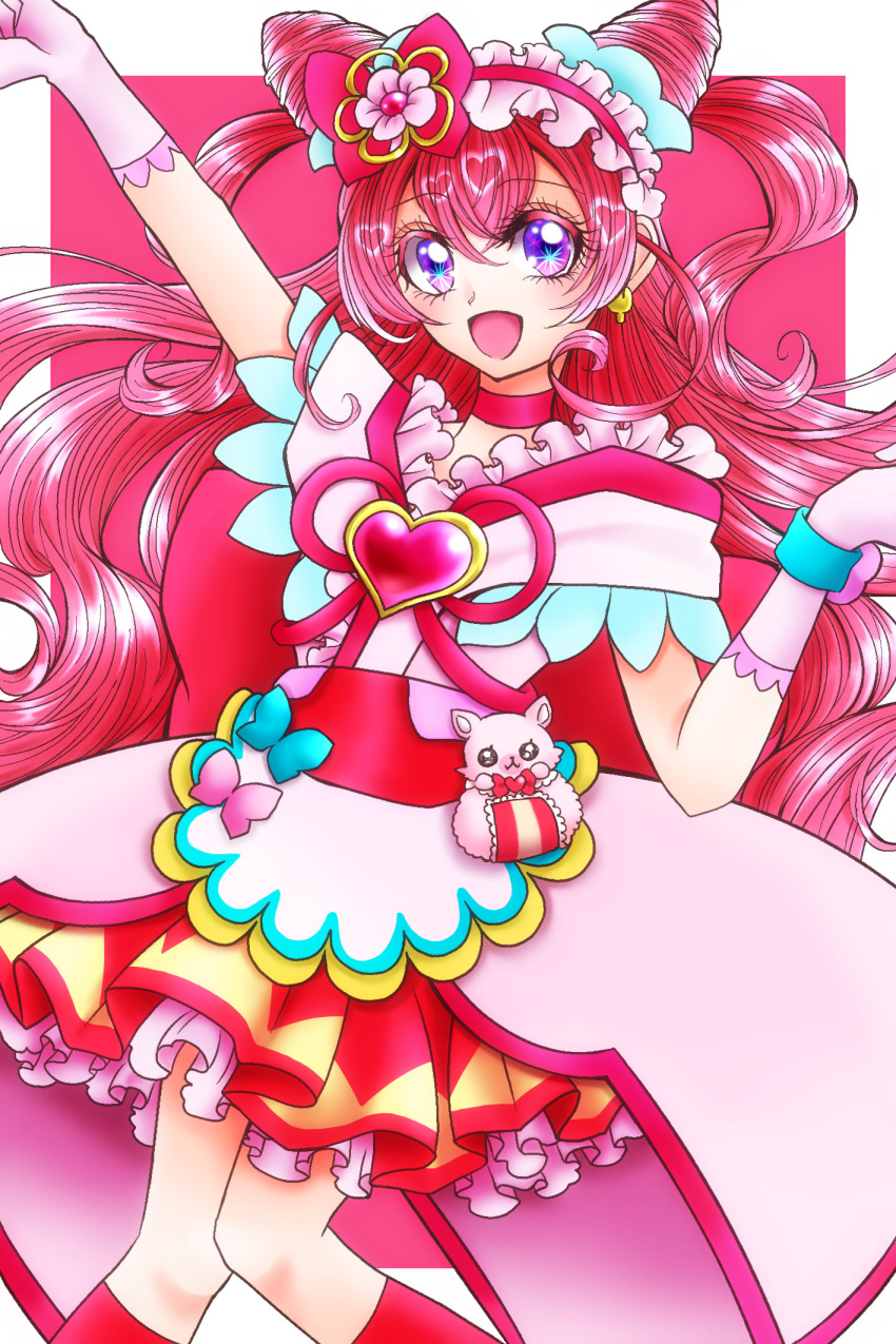 1girl :d bow checkered_background choker cure_precious delicious_party_precure double_bun earrings elbow_gloves flower gloves hair_bow hair_cones hair_flower hair_ornament hairband heart heart_brooch jewelry long_hair looking_at_viewer magical_girl melody1015jump nagomi_yui open_mouth pink_background pink_choker pink_hair pink_hairband precure purple_eyes shiny shiny_hair smile solo steepled_fingers two_side_up upper_body