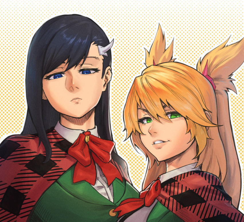 2girls bangs black_hair blonde_hair blue_eyes burn_the_witch cape dotted_background ehkcaio expressionless green_eyes green_jacket hair_between_eyes hair_ornament hairclip half-closed_eyes highres jacket long_hair multiple_girls niihashi_noel ninny_spangcole plaid_capelet red_cape smile swept_bangs upper_body