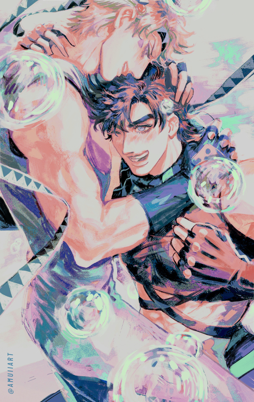 2boys absurdres amuii bare_shoulders battle_tendency biceps bubble caesar_anthonio_zeppeli crop_top facial_mark feather_hair_ornament feathers fingerless_gloves gloves hair_ornament headband highres jojo_no_kimyou_na_bouken joseph_joestar joseph_joestar_(young) male_focus midriff multiple_boys muted_color triangle_print