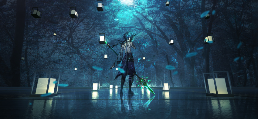 1boy absurdres artist_name blurry chinese_commentary commentary_request facing_away full_body genshin_impact green_hair highres leaf lifeline_(a384079959) long_hair male_focus obon scenery solo standing tagme tree xiao_(genshin_impact)