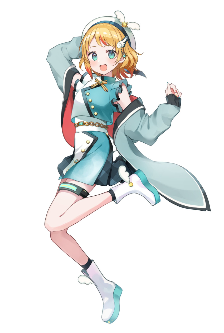 1girl absurdres ankle_boots arm_behind_head bangs blonde_hair boots dress frills green_eyes hair_ornament hand_up hat highres indie_virtual_youtuber jacket looking_at_viewer multicolored_hair open_clothes open_jacket open_mouth otori_hina short_hair simple_background smile solo streaked_hair thigh_strap virtual_youtuber white_background yushima