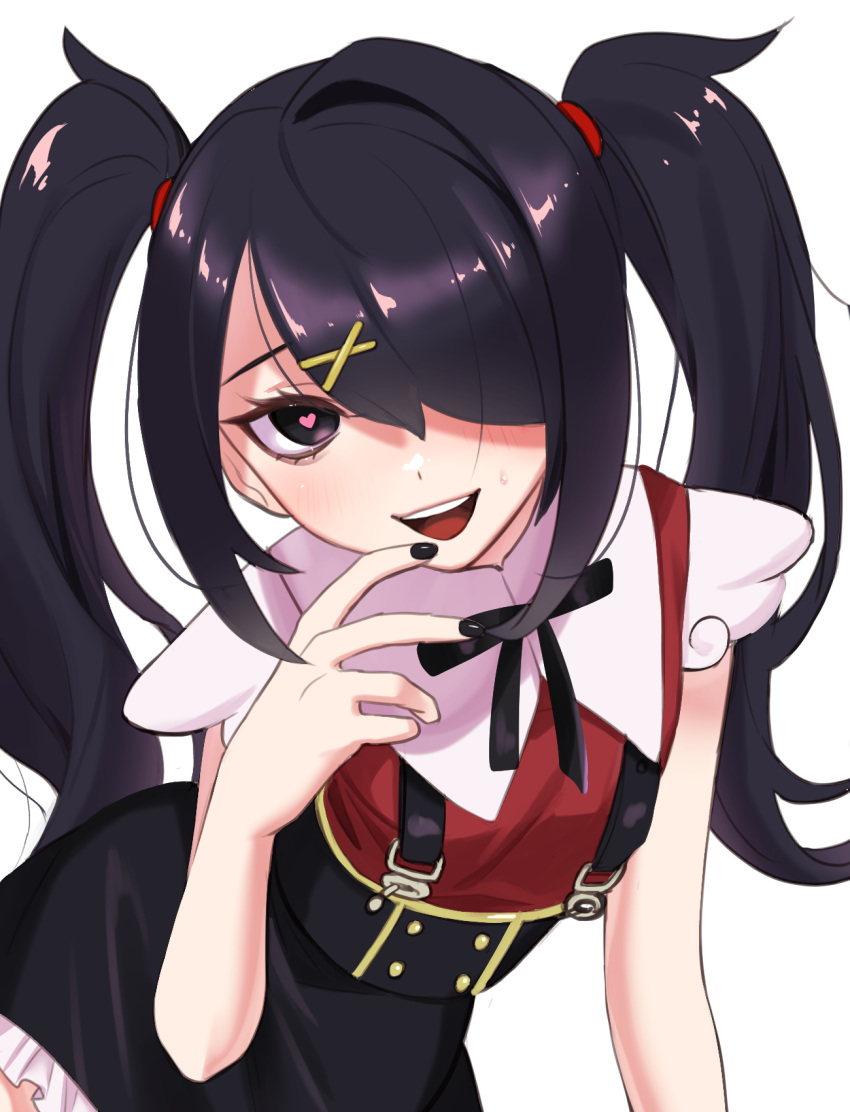1girl ame-chan_(needy_girl_overdose) asaseshin black_bow black_hair black_nails black_skirt bow breasts dress finger_to_mouth frilled_dress frills grey_eyes hand_on_own_face happy heart heart-shaped_pupils highres nail_polish needy_girl_overdose one_eye_covered open_mouth short_hair short_sleeves side_ponytail sidelocks simple_background skirt small_breasts smile solo suspender_skirt suspenders sweat sweatdrop symbol-shaped_pupils teeth tongue twintails upper_body upper_teeth white_background