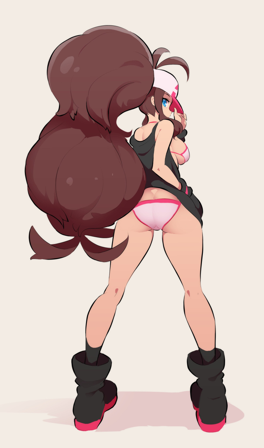 1girl absurdres ass baseball_cap big_hair bikini black_footwear black_legwear blue_eyes boots breasts brown_hair butt_crack commentary from_behind full_body grey_background hand_in_pocket hand_up hat highres hilda_(pokemon) kneepits large_breasts legs_apart long_hair looking_at_viewer looking_back nac000 nape pink_bikini pokemon pokemon_(game) pokemon_bw profile romaji_commentary simple_background socks solo standing swimsuit thighs under_boob very_long_hair