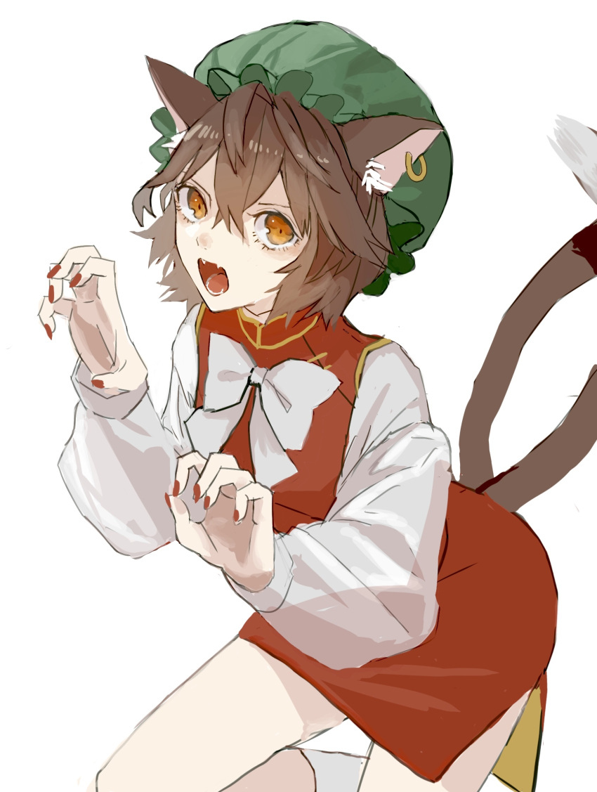 1girl animal_ears bow brown_hair cat_ears cat_tail chen cowboy_shot dress earrings fangs fingernails green_headwear hair_between_eyes hat highres jewelry long_sleeves mob_cap multiple_tails nail_polish nanasuou nekomata open_mouth orange_eyes red_dress red_nails short_hair simple_background single_earring solo tail touhou two_tails white_background white_bow