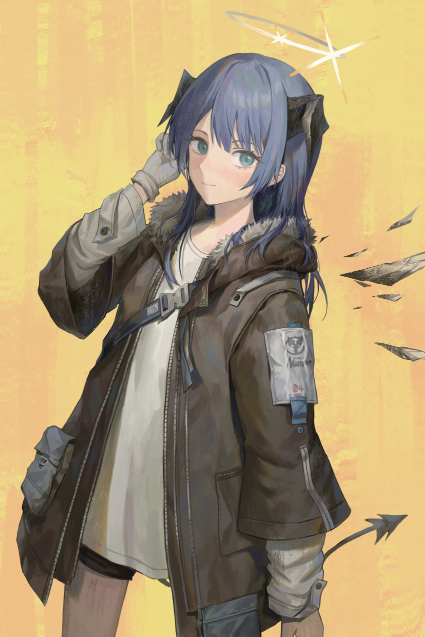 1girl absurdres arknights black_shorts blue_eyes blue_hair brown_coat closed_mouth coat commentary cowboy_shot demon_horns demon_tail energy_wings fur-trimmed_coat fur_trim gloves halo hand_up highres horns light_smile long_hair long_sleeves looking_at_viewer mostima_(arknights) open_clothes open_coat orange_background shirt shorts shoulder_strap single_glove solo subfiction tail white_gloves white_shirt