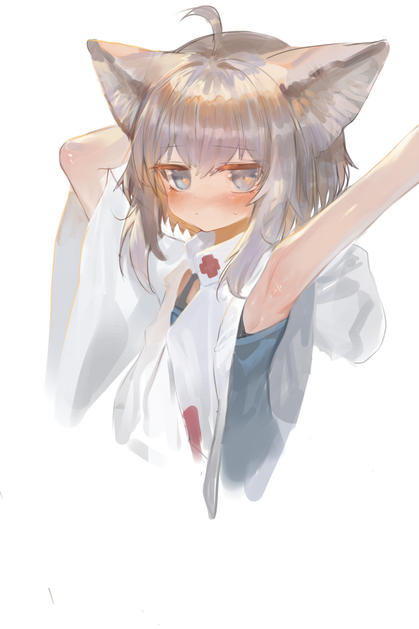 1girl ahoge animal_ear_fluff animal_ears arknights arm_behind_head armpits arms_up bangs blue_tank_top blush brown_hair closed_mouth commentary_request cropped_torso dokomon eyebrows_visible_through_hair grey_eyes hair_between_eyes highres nose_blush simple_background solo sussurro_(arknights) tank_top upper_body white_background