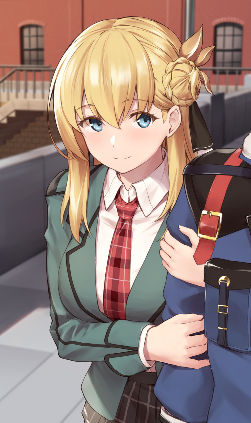 1boy 1girl absurdres agnes_claudel black_skirt blazer blonde_hair blue_eyes blush braid braided_bun breasts closed_mouth collared_shirt commentary commission cowboy_shot day dress_shirt eiyuu_densetsu eyebrows_visible_through_hair green_jacket hair_between_eyes highres jacket kuro_no_kiseki locked_arms long_hair long_sleeves looking_at_another looking_to_the_side medium_breasts miniskirt necktie outdoors pixiv_request plaid plaid_necktie plaid_skirt pleated_skirt rebutsu red_necktie school_uniform shirt side_bun skirt smile solo_focus uniform van_arkride white_shirt wing_collar