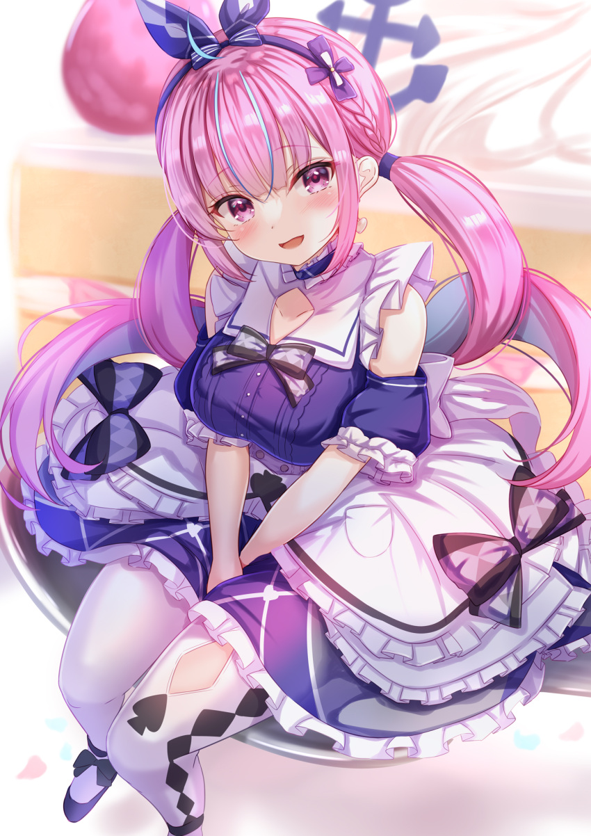 1girl :d bangs black_bow black_bowtie blue_hair blush bow bow_hairband bowtie breasts choker colored_inner_hair commentary_request dress drill_hair eyebrows_visible_through_hair frilled_choker frilled_dress frilled_sleeves frills hairband highres hololive large_breasts layered_dress long_hair looking_at_viewer minato_aqua multicolored_hair pantyhose pink_eyes pink_hair short_sleeves sitting smile solo twin_drills twintails very_long_hair virtual_youtuber white_legwear yuano