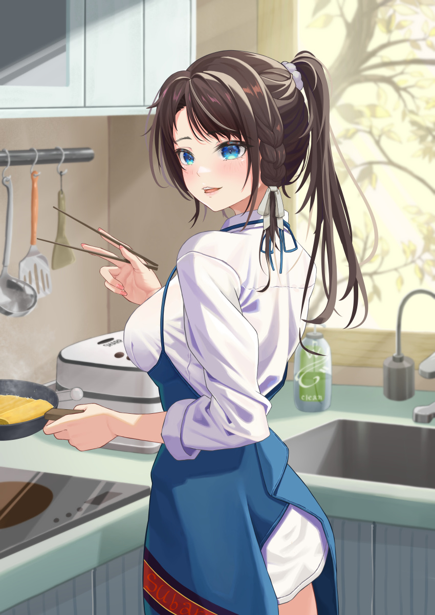 1girl absurdres apron bangom_r bangs blue_apron blue_eyes blue_ribbon blush braid breasts brown_hair chopsticks commentary cooking from_side frying_pan hair_ornament hair_ribbon hair_scrunchie highres holding holding_chopsticks holding_frying_pan hololive indoors kitchen large_breasts long_hair long_sleeves looking_to_the_side nail_polish oozora_subaru parted_lips pink_nails ponytail ribbon scrunchie shirt solo standing virtual_youtuber white_ribbon white_shirt