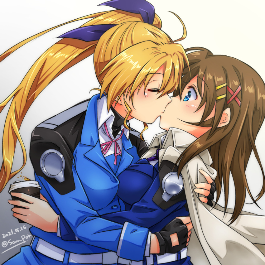 2girls belt blonde_hair blue_eyes breast_press brown_hair cape coffee_cup commentary_request cup disposable_cup fingerless_gloves gloves hair_ornament hair_ribbon highres hug kiss long_hair lyrical_nanoha military military_uniform multiple_girls older ribbon san-pon short_hair side_ponytail simple_background surprised symmetrical_docking tsab_naval_military_uniform uniform very_long_hair vivio white_belt x_hair_ornament yagami_hayate yuri