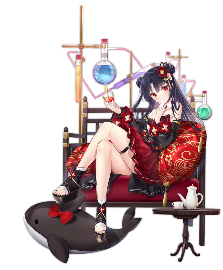 1girl azur_lane bare_shoulders black_dress black_footwear cup double_bun dress finger_to_own_chin full_body highres holding holding_cup layered_dress long_hair looking_at_viewer official_alternate_costume official_art orca platform_footwear purple_hair red_dress red_eyes solo stuffed_animal stuffed_orca stuffed_toy teapot toeless_footwear transparent_background u-73_(azur_lane) u-73_(new_year's_chemistry)_(azur_lane) yano_mitsuki