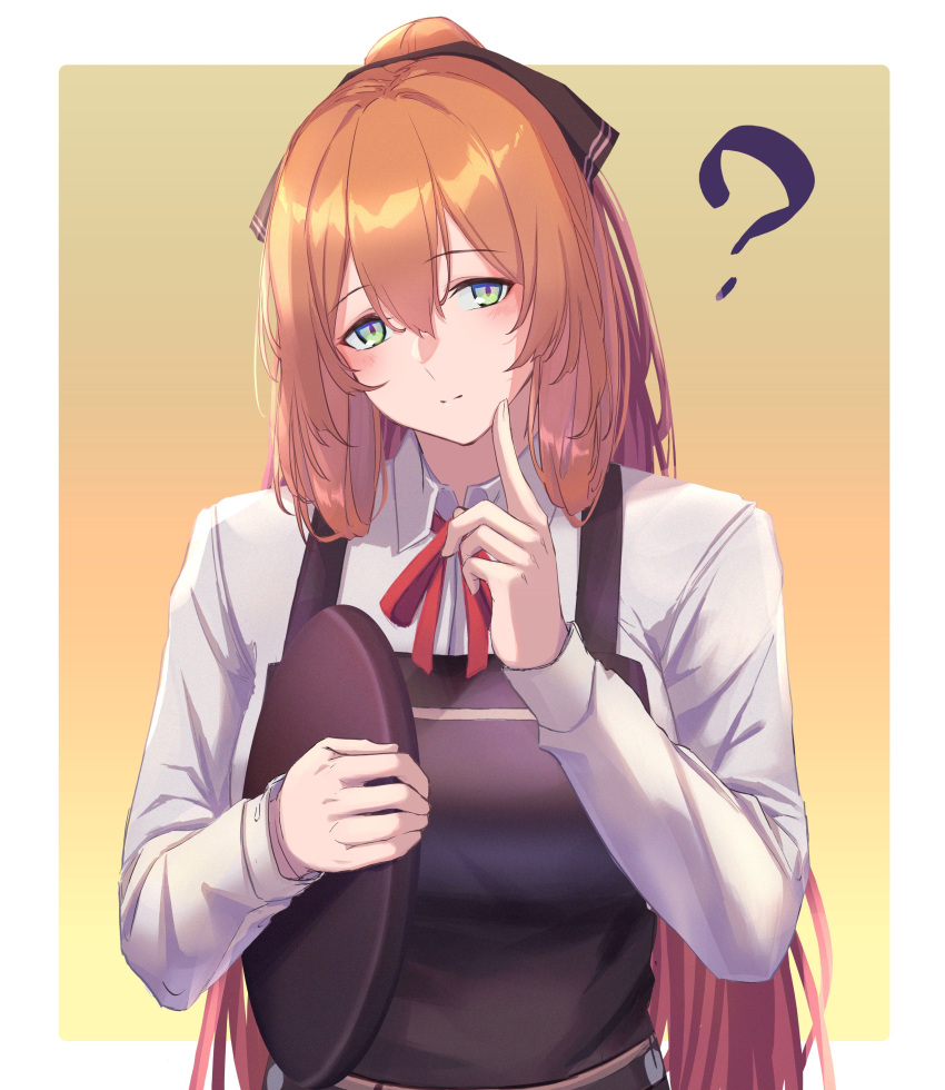 1girl 3_small_spiders ? absurdres apron bangs blush brown_apron closed_mouth eyebrows_visible_through_hair finger_to_cheek girls_frontline green_eyes hair_ribbon highres holding holding_tray long_hair looking_at_viewer neck_ribbon orange_hair ponytail red_ribbon ribbon shirt simple_background solo springfield_(girls'_frontline) tray upper_body white_shirt