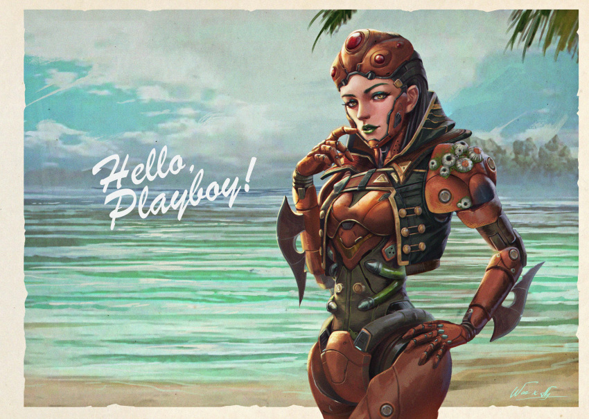 1girl absurdres android apex_legends ash_(titanfall_2) brown_eyes clouds denizen_of_the_deep_ash english_commentary eyeshadow goggles goggles_on_head green_eyeshadow green_lips hand_on_hip highres looking_at_viewer makeup ocean official_alternate_costume palm_tree realistic science_fiction sky smile solo tree tropical warren_nguyen