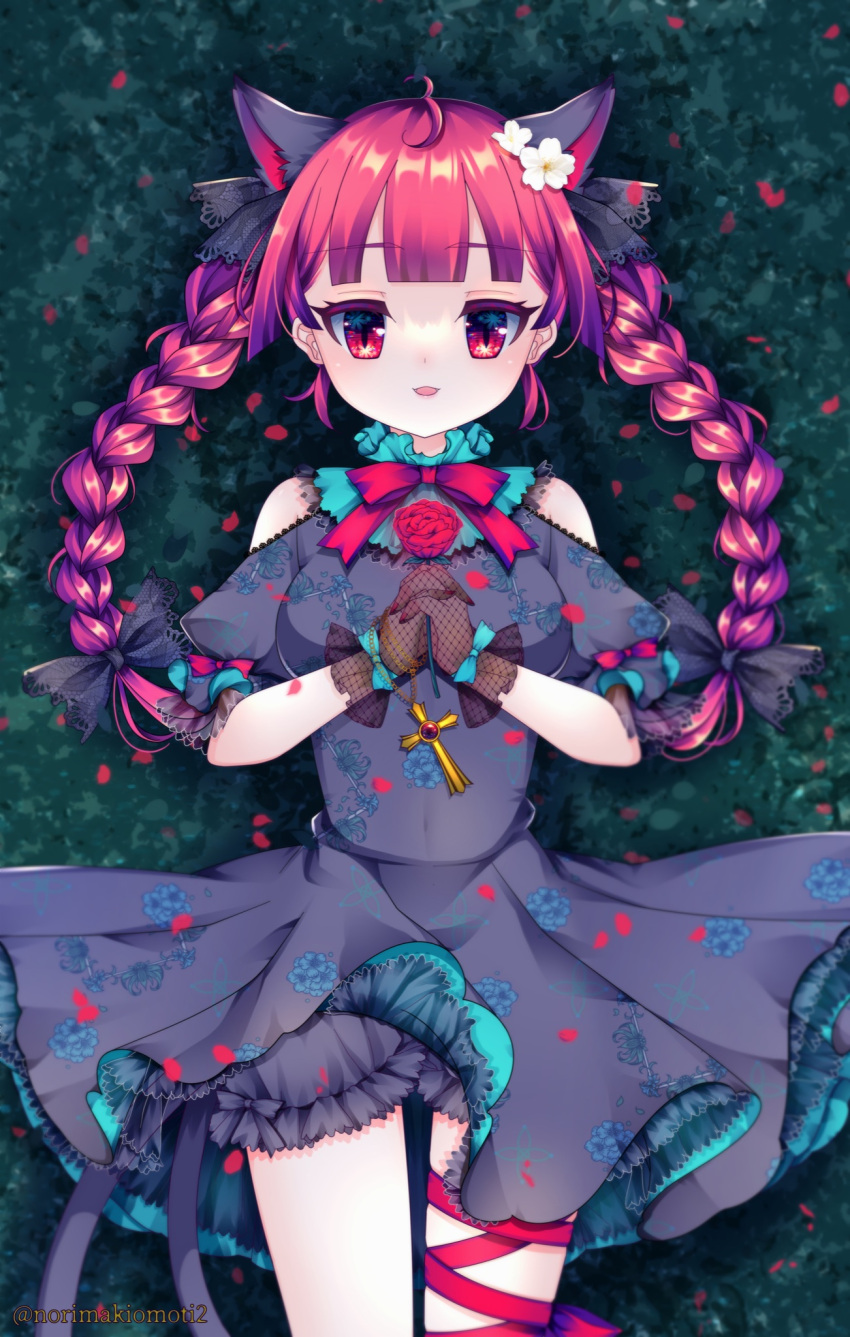 1girl animal_ears antenna_hair bangs blunt_bangs braid cat_ears cat_tail cowboy_shot eyebrows_visible_through_hair flower flower_request gloves hair_flower hair_ornament highres kaenbyou_rin light_smile looking_at_viewer multiple_tails nekomata norimakiomoti2 own_hands_clasped own_hands_together parted_lips red_eyes redhead see-through solo tail touhou twin_braids twintails two_tails white_flower