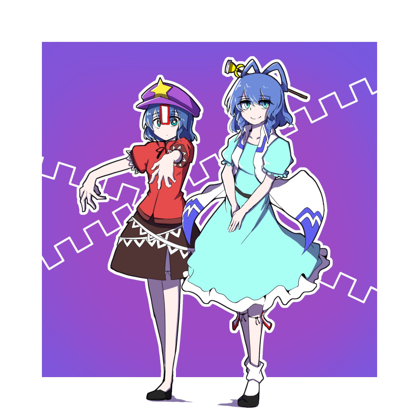 2girls black_skirt blue_dress blue_eyes blue_hair border bright_pupils cabbie_hat closed_mouth dress drill_locks full_body hair_ornament hair_rings hair_stick hat hat_ornament highres hurin_raika jiangshi kaku_seiga looking_at_viewer medium_hair miyako_yoshika multiple_girls ofuda one-hour_drawing_challenge open_clothes open_vest outline outside_border outstretched_arms petticoat puffy_short_sleeves puffy_sleeves purple_headwear red_shirt shirt short_sleeves skirt smile standing star_(symbol) star_hat_ornament touhou v_arms vest white_border white_outline white_vest zombie_pose