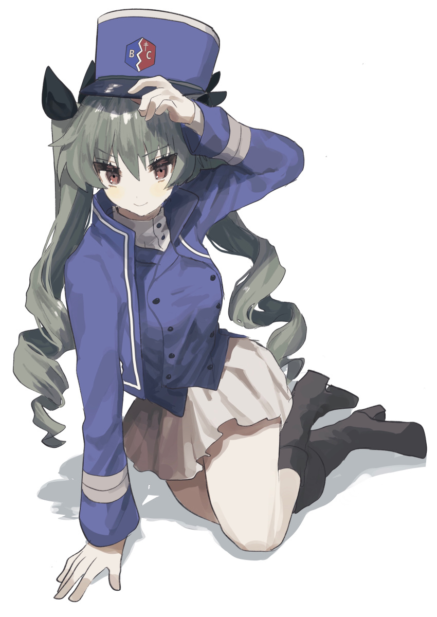 1girl absurdres anchovy_(girls_und_panzer) arm_support bc_freedom_(emblem) bc_freedom_military_uniform black_bow black_footwear blue_headwear blue_jacket blue_shirt boots bow brown_eyes buttons closed_mouth commentary_request double-breasted emblem girls_und_panzer green_hair hair_bow hat highres holding holding_clothes holding_hat jacket kepi long_hair long_sleeves military military_hat military_uniform shirt simple_background sitting skirt smile solo tachibana_wataru_(123tsuki) twintails uniform v-shaped_eyebrows white_background white_skirt yokozuwari