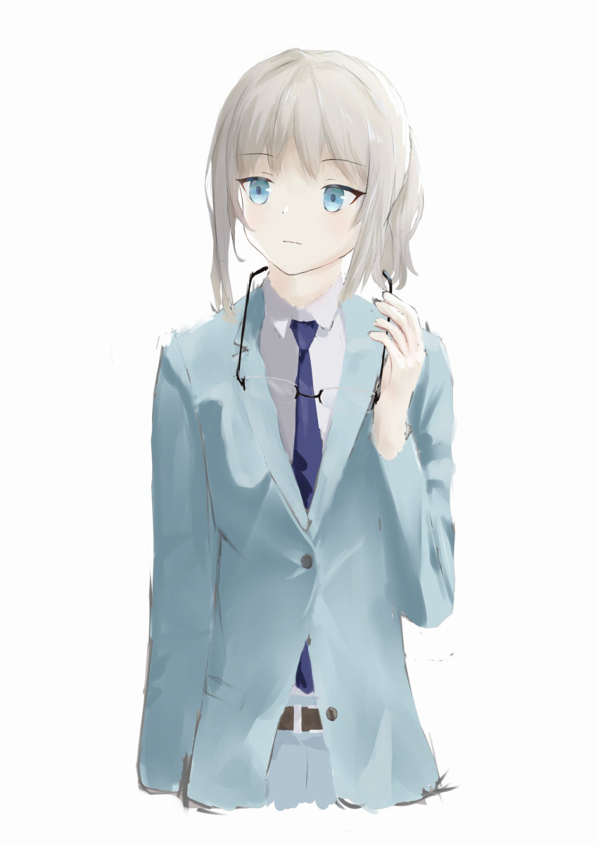 1girl alternate_costume an-94_(girls'_frontline) aqua_eyes aqua_jacket aqua_pants bangs belt blazer blonde_hair blue_necktie closed_mouth eyebrows_visible_through_hair girls_frontline highres holding holding_eyewear jacket long_hair looking_away necktie shirt solo upper_body wh1te white_background white_shirt