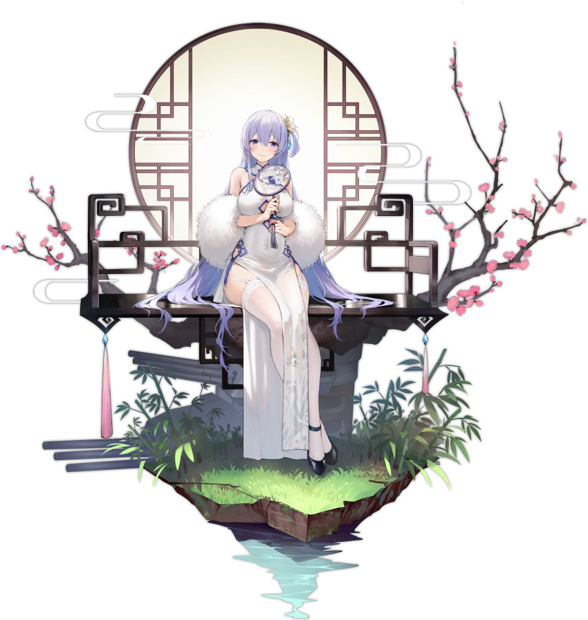 1girl azur_lane black_footwear breasts china_dress chinese_clothes dress feather_boa full_body hair_between_eyes hair_ornament hand_fan highres holding holding_fan kaede_(yumesaki_kaede) large_breasts light_purple_hair long_hair looking_at_viewer official_alternate_costume official_art pelvic_curtain rodney_(azur_lane) rodney_(immaculate_beauty)_(azur_lane) shoes sleeveless sleeveless_dress solo thigh-highs transparent_background very_long_hair violet_eyes white_garter_straps white_legwear