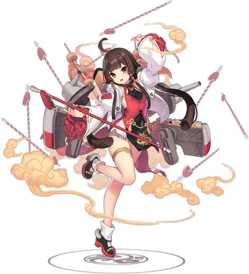 1girl ahoge azur_lane bangs breasts brown_hair full_body hai_chi_(azur_lane) hair_ornament highres holding holding_weapon kinjo_kuromomo leg_up looking_at_viewer official_art open_mouth red_eyes rigging small_breasts thigh_strap transparent_background turret weapon wide_sleeves