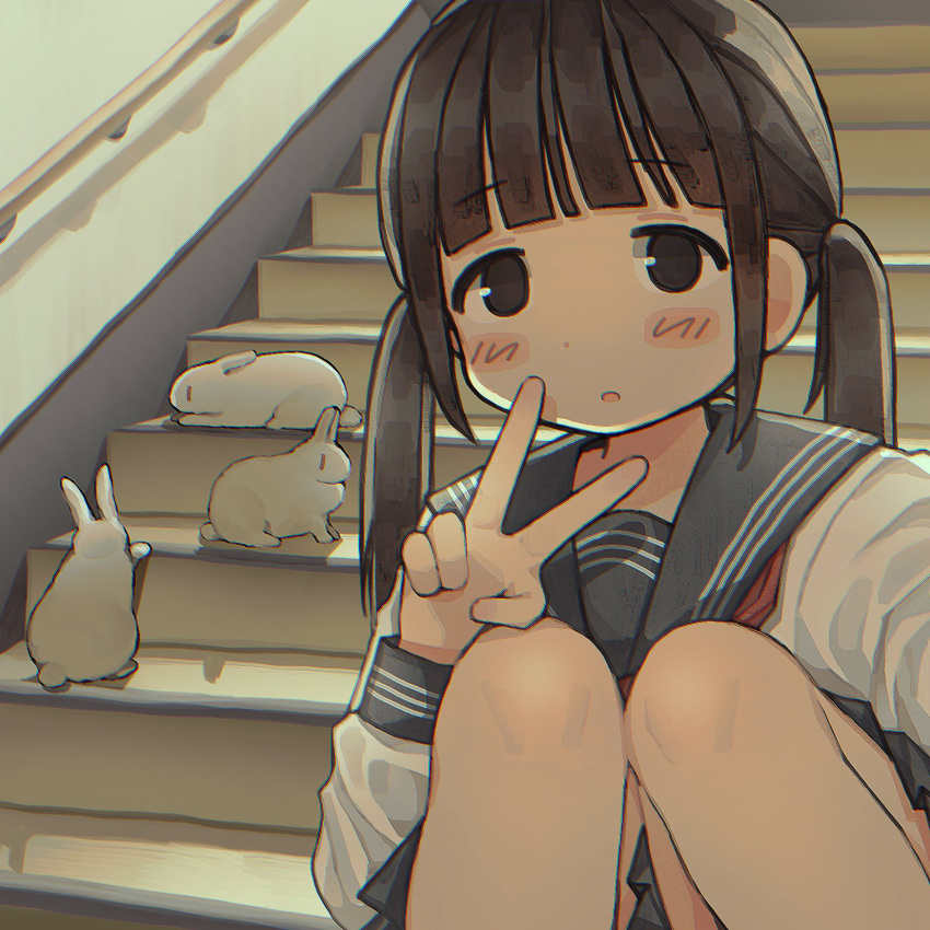 1girl bangs black_eyes black_hair blunt_bangs blush commission eyebrows_visible_through_hair highres long_hair looking_at_viewer neckerchief original parted_lips rabbit railing red_neckerchief rnfhv school_uniform skeb_commission solo stairwell twintails v