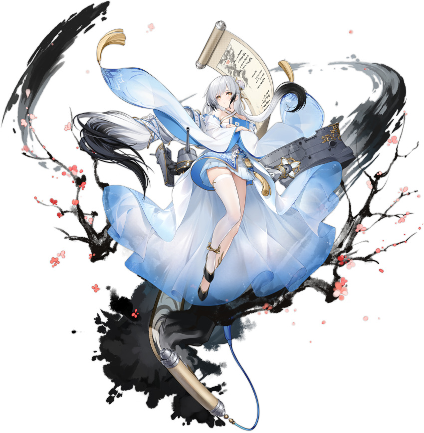 1girl azur_lane bare_shoulders black_footwear black_hair blue_dress book china_dress chinese_clothes dress full_body gold_trim gradient_dress gradient_hair hai_tien_(azur_lane) hair_ornament highres holding holding_book long_hair multicolored_hair official_art scroll see-through_dress shoes single_thighhigh solo thigh-highs transparent_background very_long_hair vilor white_hair white_legwear wide_sleeves yellow_eyes