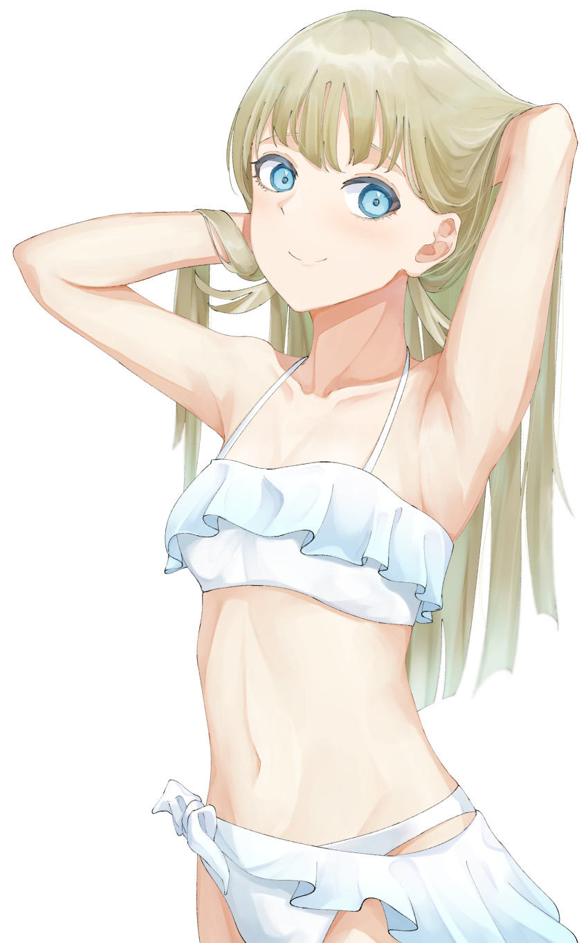 1girl absurdres armpits arms_behind_head bangs bikini blonde_hair blue_eyes collarbone commentary_request frilled_bikini frills hair_lift hanabusa_lisa highres long_hair looking_at_viewer midori_(emrrd222) navel sarong simple_background smile solo stomach swimsuit virtual_youtuber vspo! white_background white_bikini