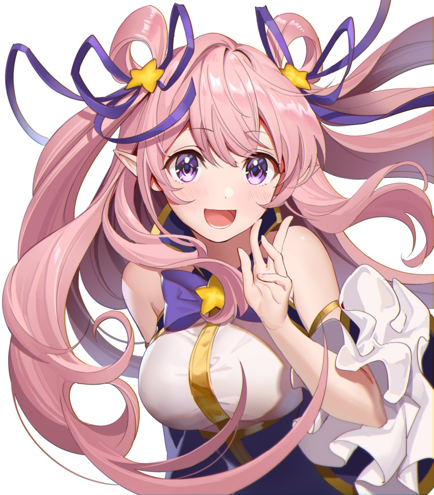 1girl bangs breasts eyebrows_visible_through_hair hair_ornament hair_rings hand_up hatsune_(princess_connect!) highres long_hair medium_breasts open_mouth pink_hair pointy_ears princess_connect! simple_background sleeveless solo star_(symbol) star_hair_ornament teffish twintails two_side_up upper_body violet_eyes white_background