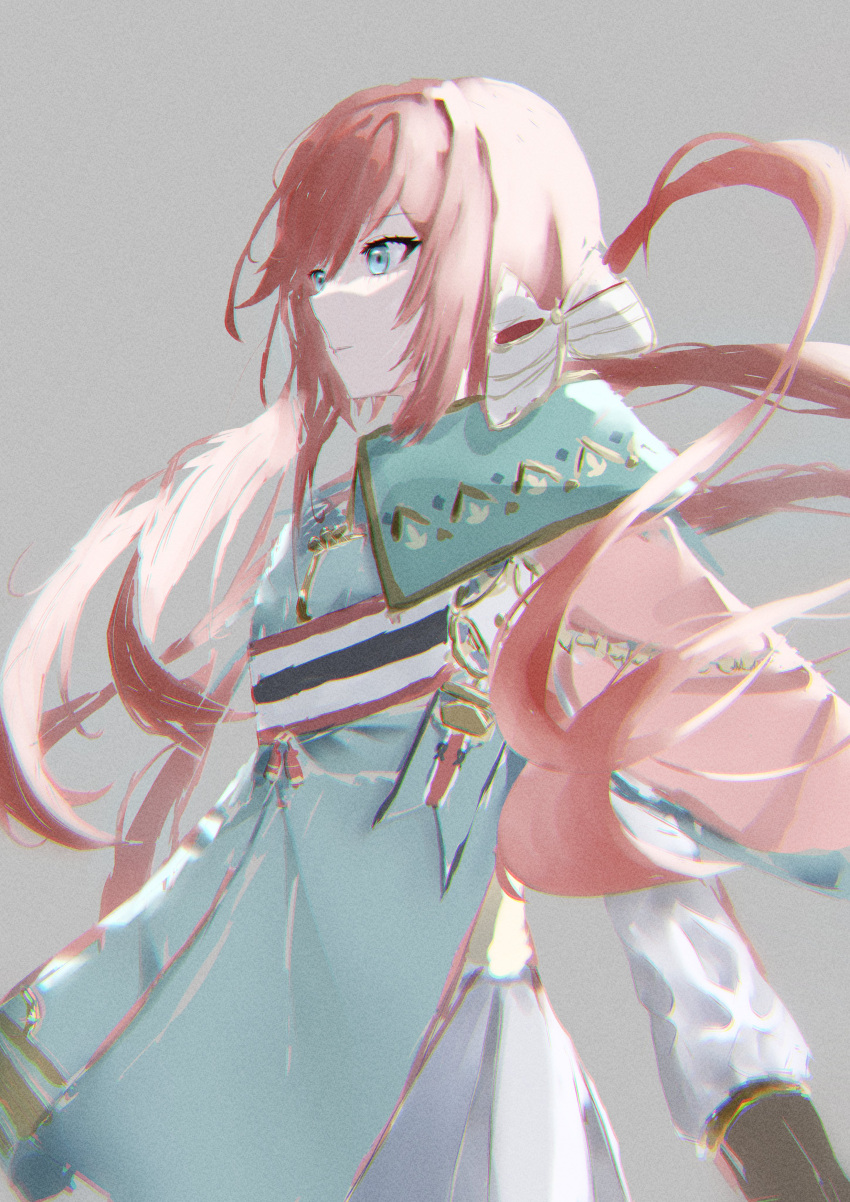 1girl absurdres aqua_jacket bangs bow carcano_m1891_(girls'_frontline) closed_mouth eyebrows_visible_through_hair girls_frontline hair_bow highres jacket light_blue_eyes long_hair looking_away pink_hair simple_background solo uniform upper_body wh1te