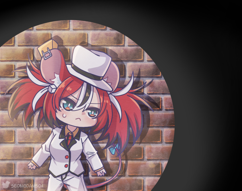 1girl :&lt; animal_ear_fluff animal_ears black_hair blue_eyes bow breasts brick_wall cheese chibi closed_mouth cowboy_shot ear_piercing english_commentary eyebrows_visible_through_hair food formal frown hair_between_eyes hair_ornament hakos_baelz hat hololive hololive_english legs_apart long_sleeves monja_(monja0521) mouse_ears mouse_girl mouse_tail multicolored_eyes multicolored_hair necktie pants piercing red_necktie redhead short_twintails solo spotlight suit sweatdrop tail tail_bow tail_ornament twintails twitter_username v-shaped_eyebrows virtual_youtuber white_hair white_pants white_suit