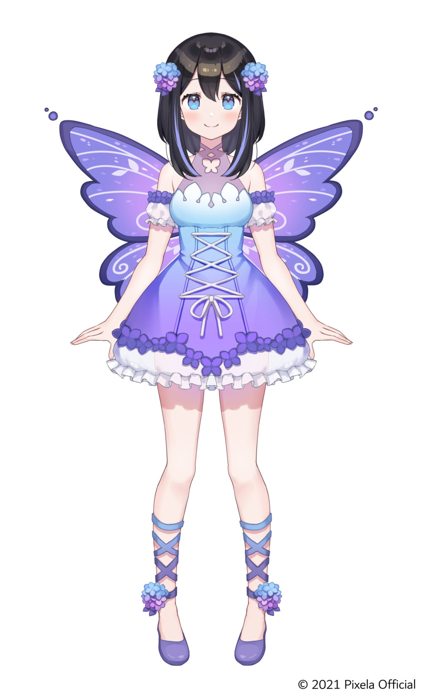1girl absurdres arms_at_sides bangs black_hair blue_eyes closed_mouth copyright copyright_name dress fairy_wings flower frilled_dress frills hair_flower hair_ornament hanabi_lafy highres looking_at_viewer official_art pixela_project shoes simple_background smile solo standing virtual_youtuber white_background wings yushima