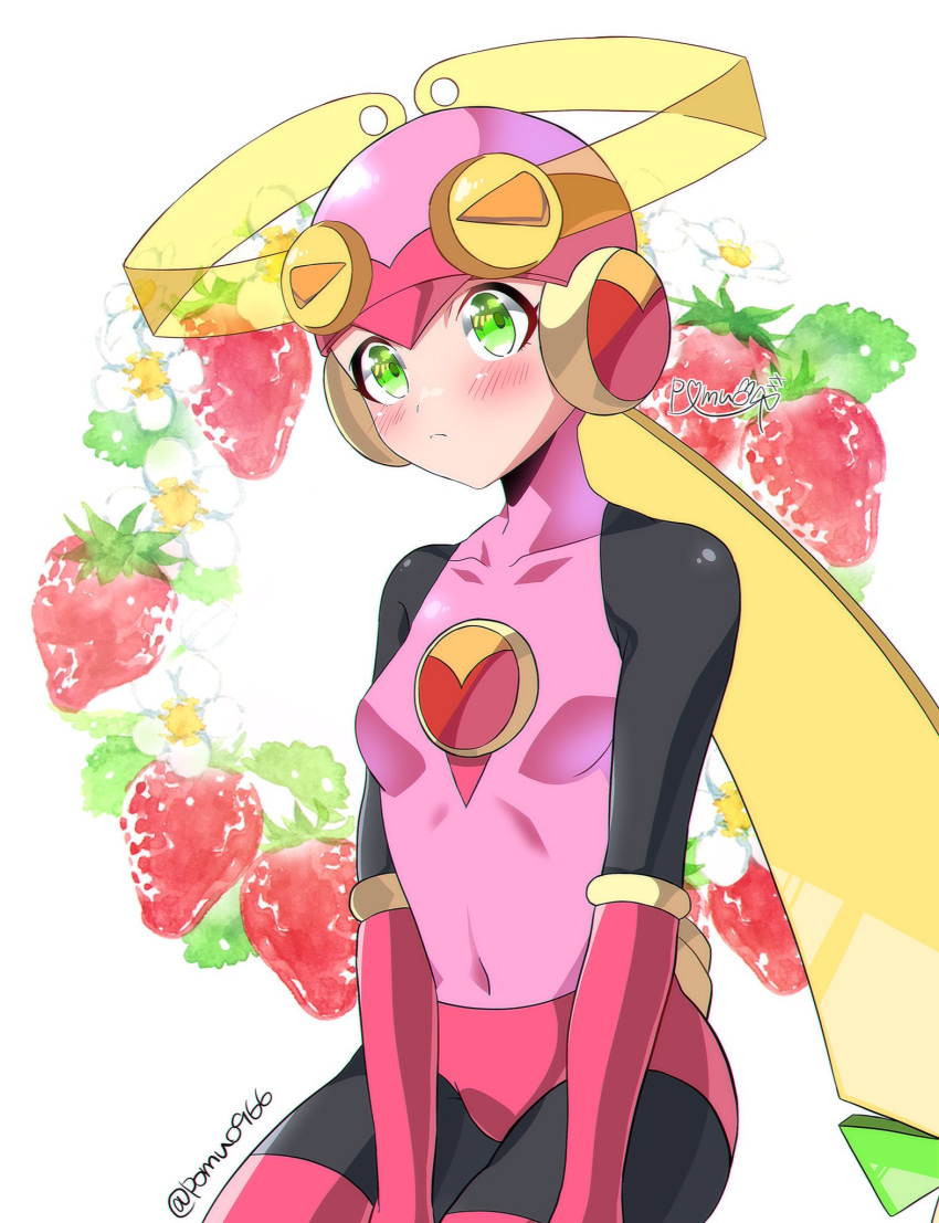 1girl blonde_hair blush bodysuit breasts closed_mouth covered_navel food fruit gloves green_eyes helmet highres leotard long_hair looking_at_viewer mega_man_(series) mega_man_battle_network netnavi pink_bodysuit pink_leotard roll.exe_(mega_man) solo strawberry thigh-highs white_background