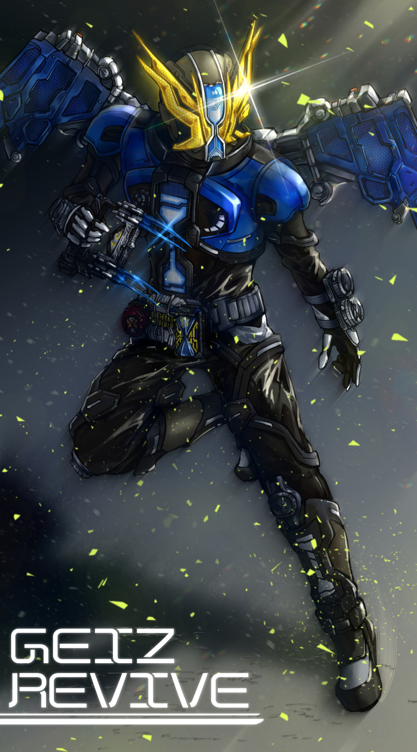 absurdres alternate_costume armor black_bodysuit black_footwear black_gloves blue_armor blue_wings bodysuit boots flying geiz_revive geiz_revive_shippu gloves highres holding holding_weapon horns hourglass kamen_rider kamen_rider_geiz kamen_rider_zi-o_(series) knee_up official_alternate_costume revive_ridewatch starkero tokusatsu weapon wings yellow_eyes yellow_horns zikan_jaclaw zikan_jaclaw_(tsume)