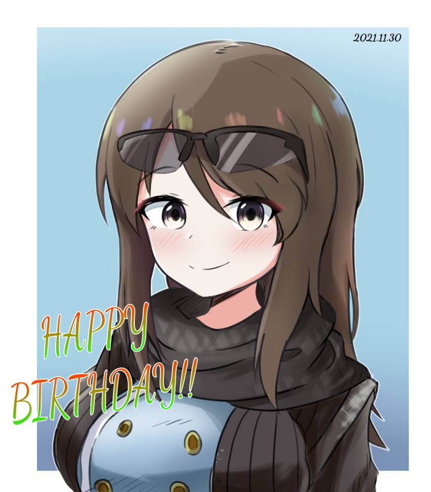 1girl armorganger bangs birthday black-framed_eyewear black_scarf blue_background blue_jacket blush border brown_eyes brown_hair closed_mouth commentary dated eyebrows_visible_through_hair eyewear_on_head girls_und_panzer happy_birthday highres jacket long_hair looking_at_viewer mika_(girls_und_panzer) no_hat no_headwear outside_border portrait scarf smile solo sunglasses white_border