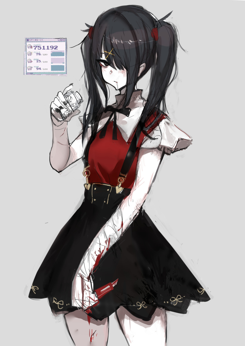 1girl absurdres ame-chan_(needy_girl_overdose) bandages black_bow black_hair black_nails black_skirt blood blood_on_hands blood_on_weapon bow breasts calendar_(object) chuhaibane drooling drugs grey_background grey_eyes heart highres knife medicine medicine_bottle messy_hair nail_polish needy_girl_overdose one_eye_covered pill pill_bottle saliva self_harm short_hair short_sleeves side_ponytail sidelocks simple_background skirt slit_wrist small_breasts solo suspender_skirt suspenders thighs twintails weapon